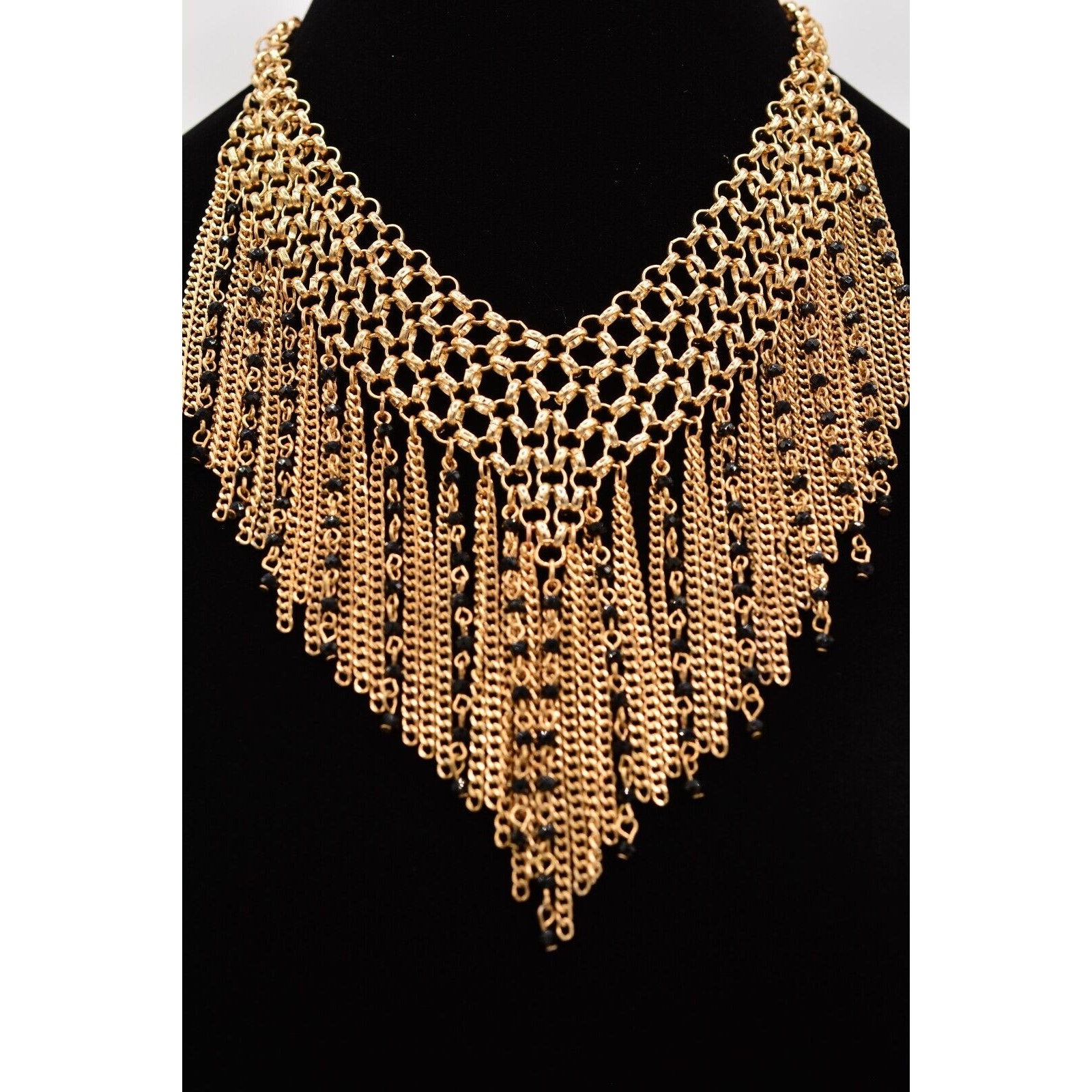 Steve Madden Bib Necklace Gold Chain Fringe Black Beaded Chunky Signed Bin6b 33$